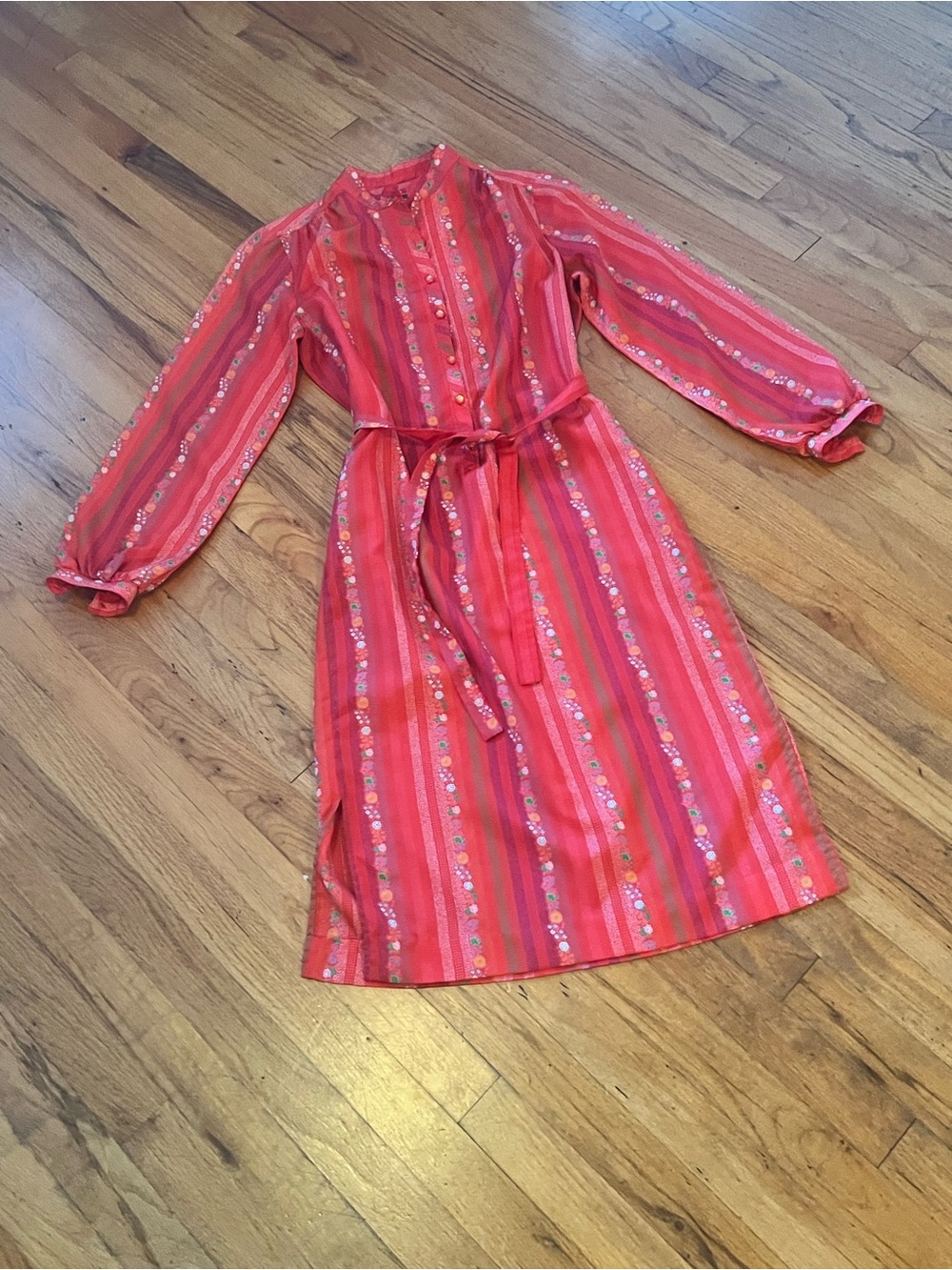 Vintage Red Striped Floral Belted Long-Sleeve Dress